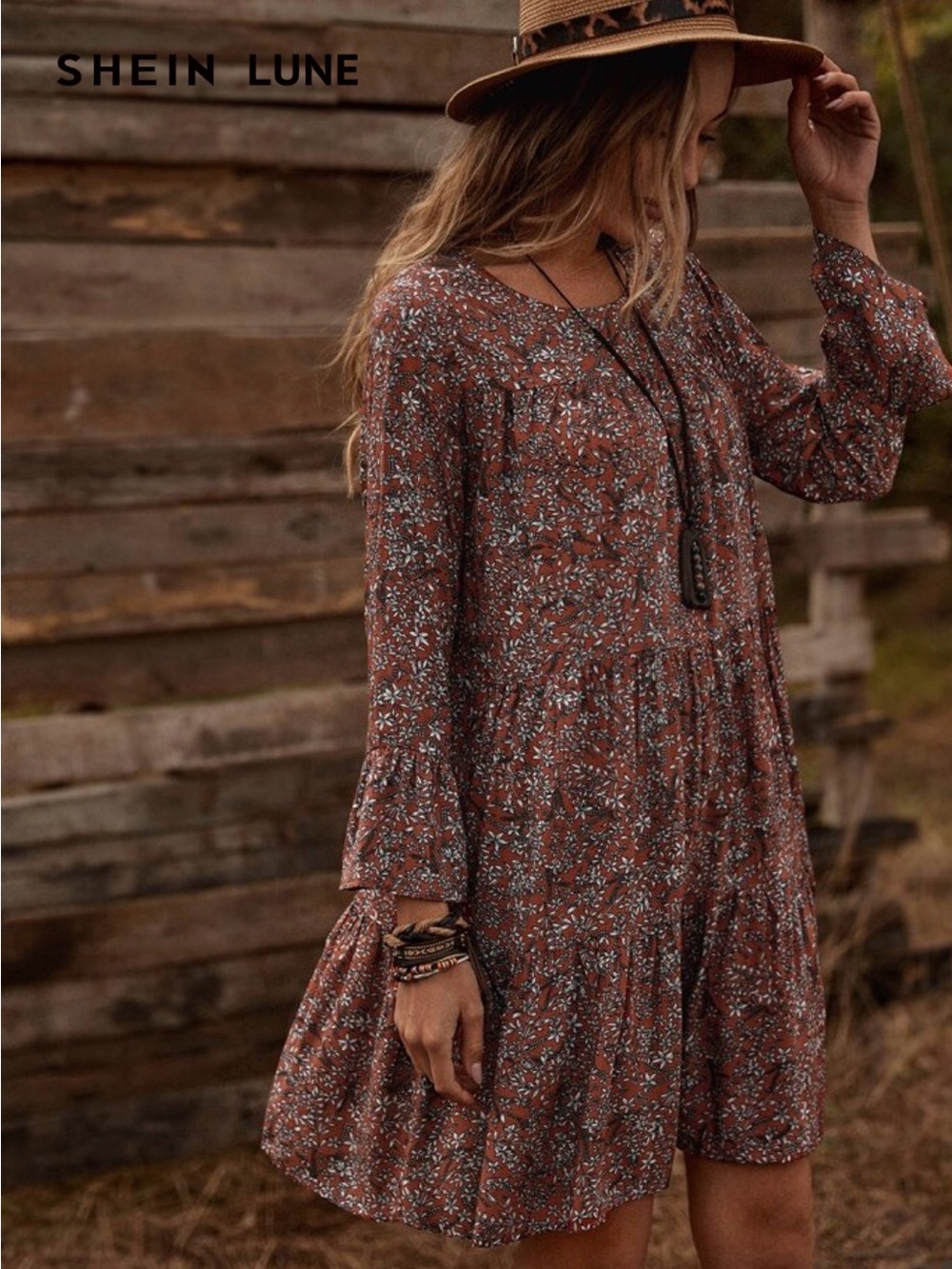SHEIN Rust Red Floral Long-Sleeve Dress
